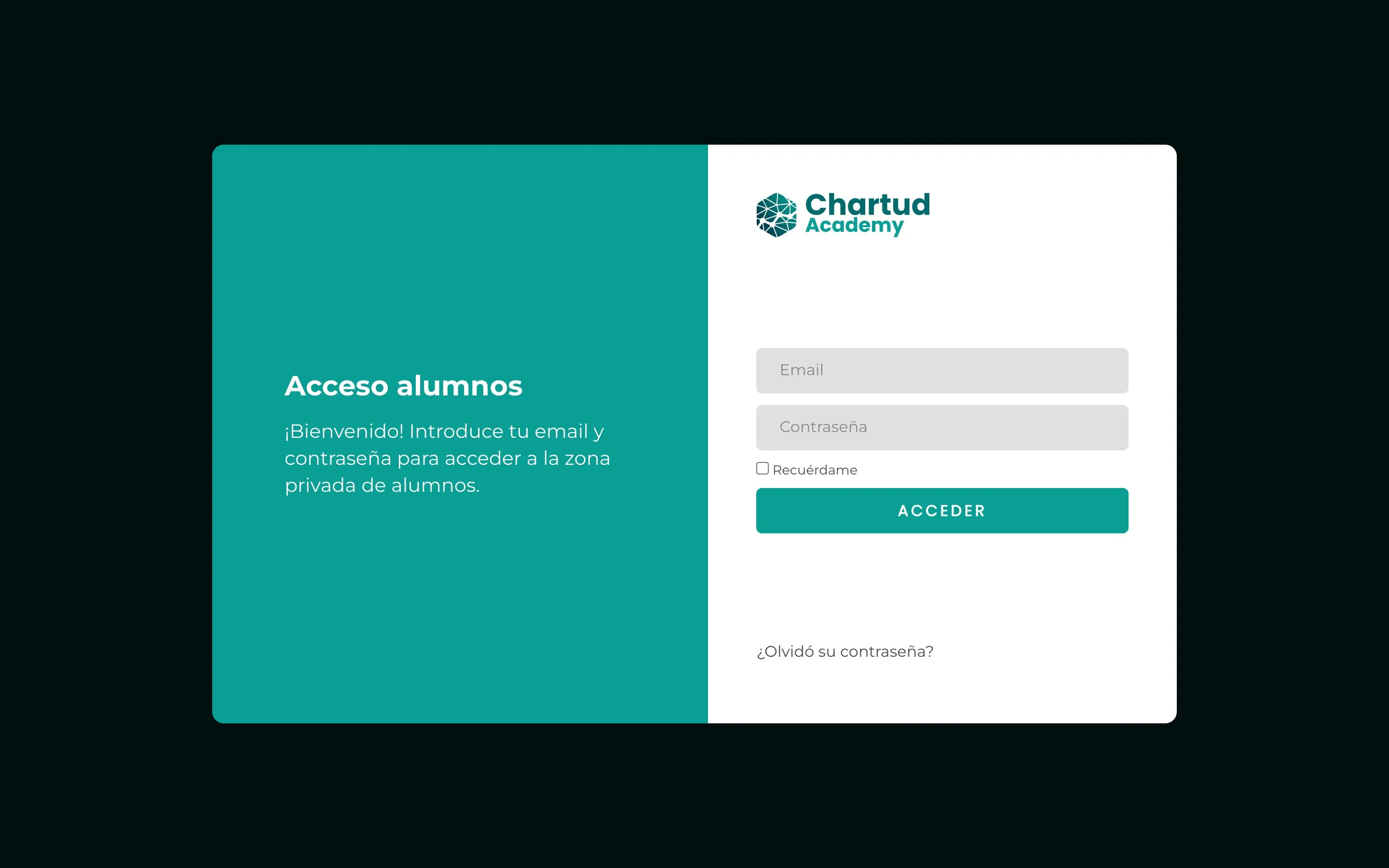 Acceso a la zona privada de alumnos de Chartud Academy