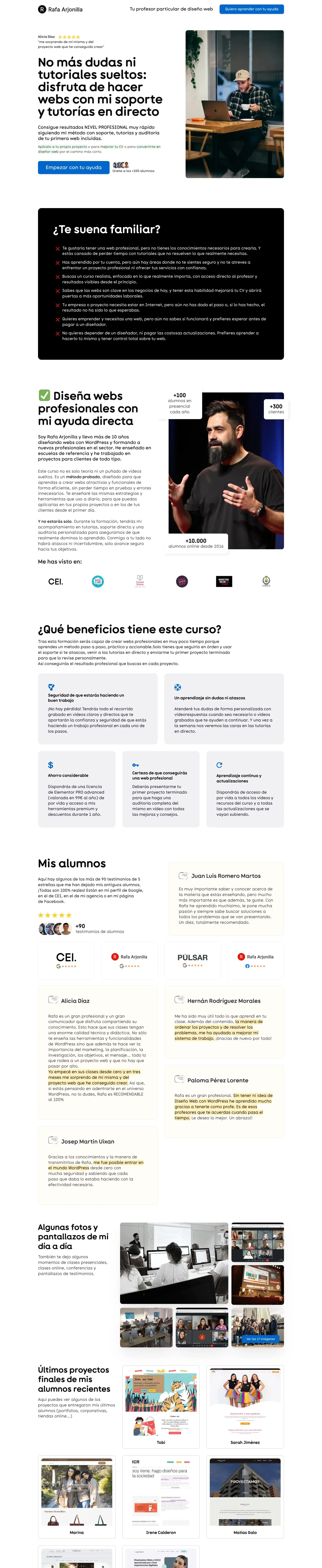 Página del curso de WordPress online con soporte, tutorías y auditoría