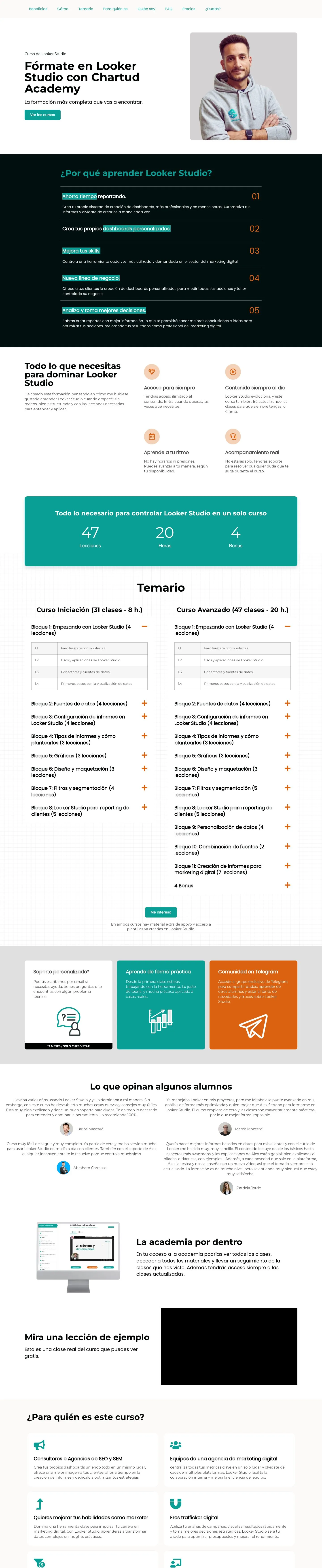 Página de venta del curso completa, de arriba abajo: beneficios, temario, opiniones, precios y preguntas frecuentes