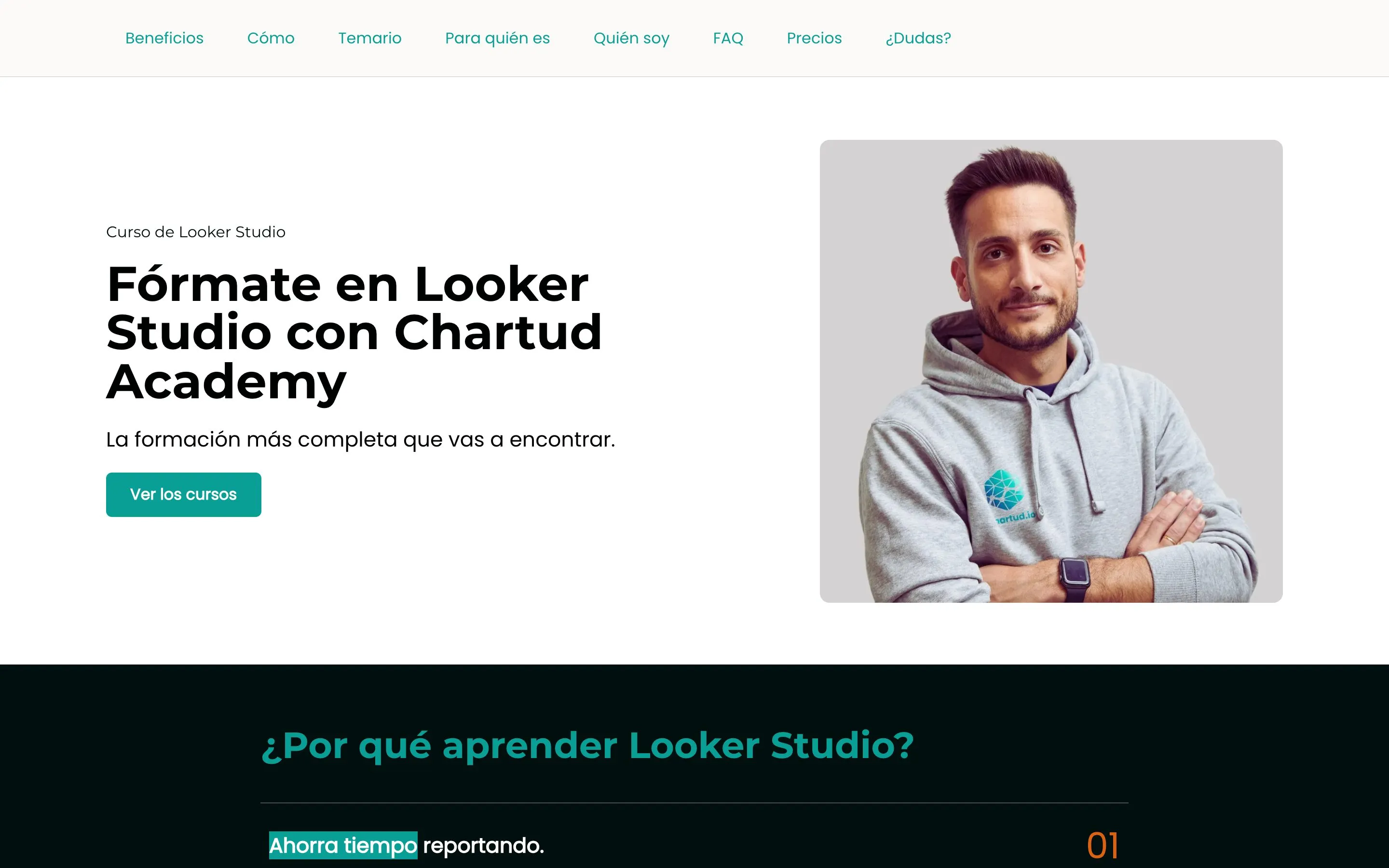 Página del curso de Looker Studio de Chartud Academy en escritorio y en móvil