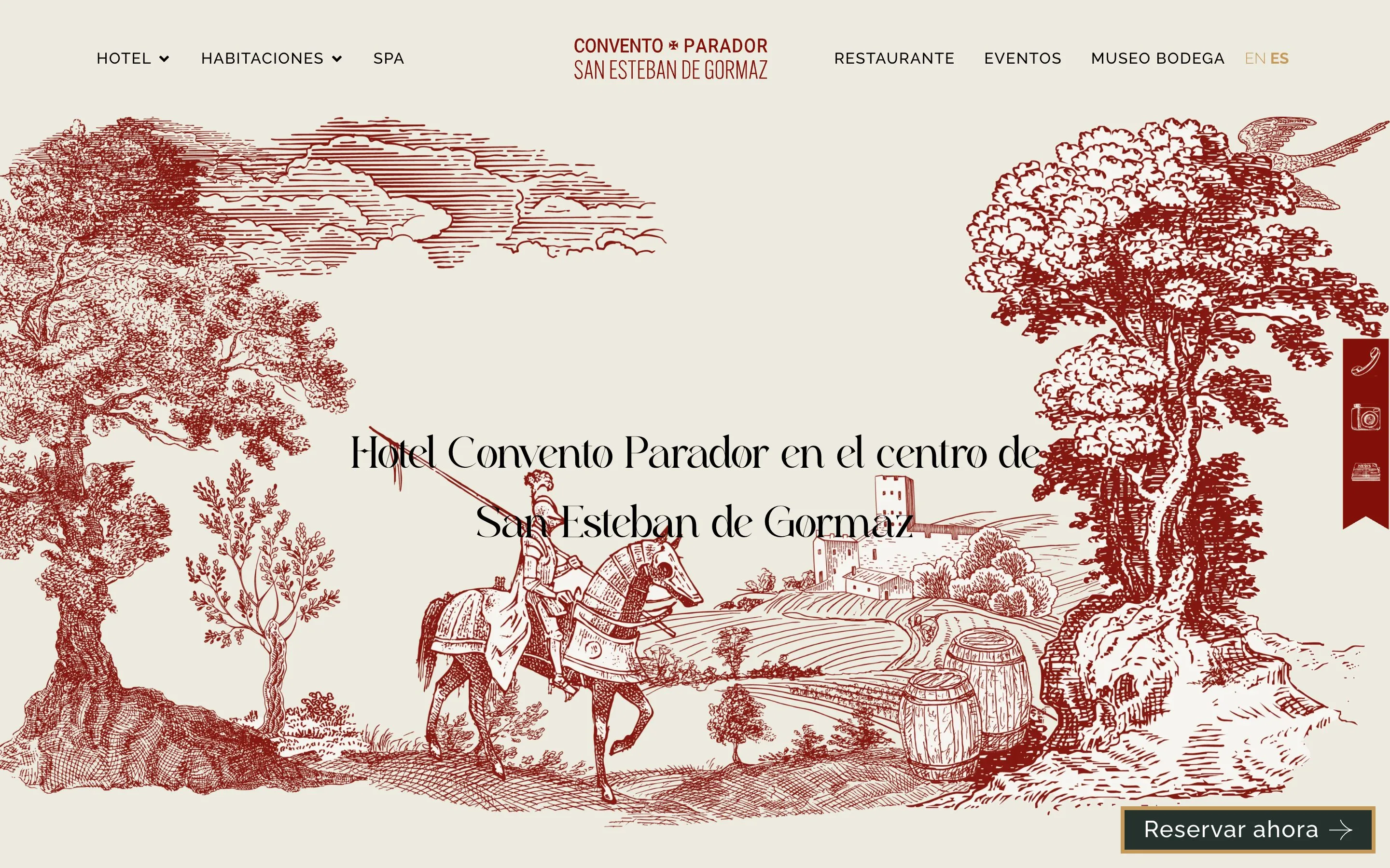 Página del hotel en escritorio, con la ilustración del caballero, y la de inicio en móvil