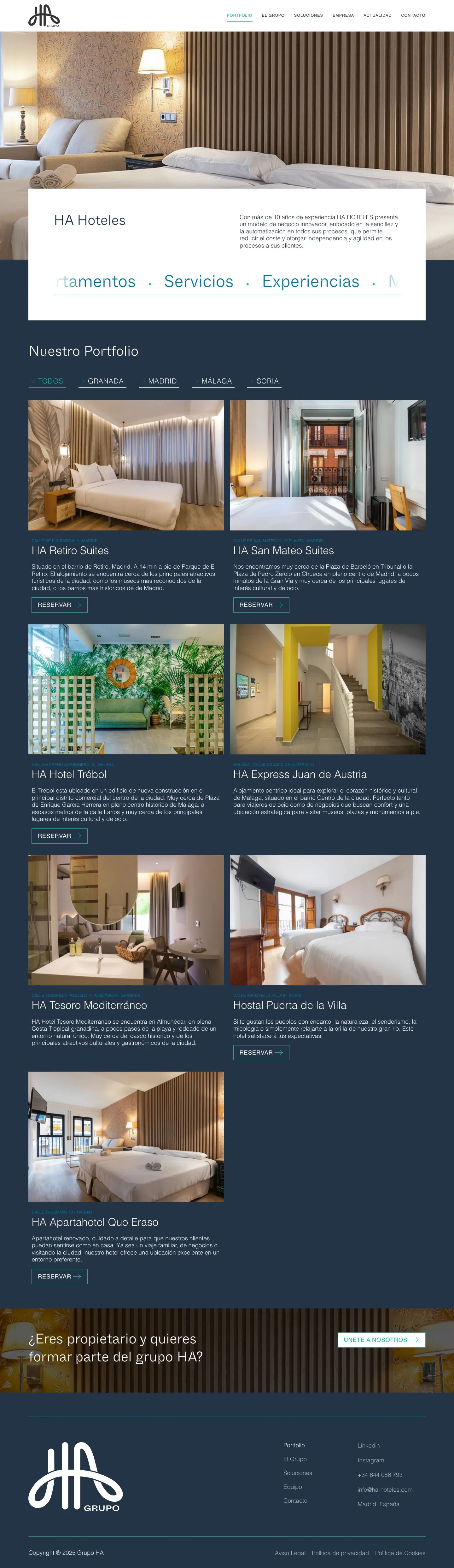 Portfolio de hoteles del grupo, con filtros por ciudad