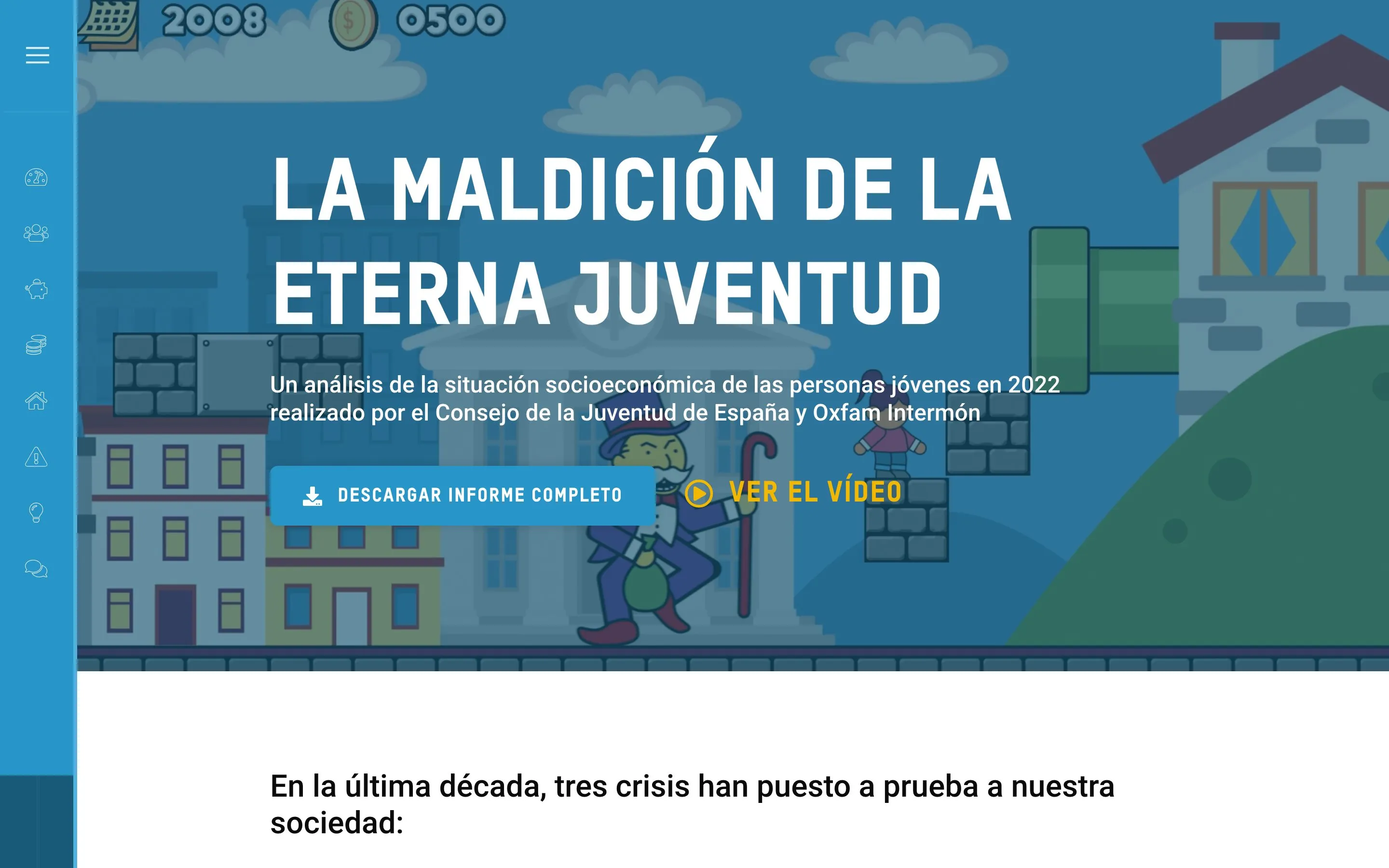 Portada del informe «La maldición de la eterna juventud» en escritorio y en móvil, con su ilustración animada