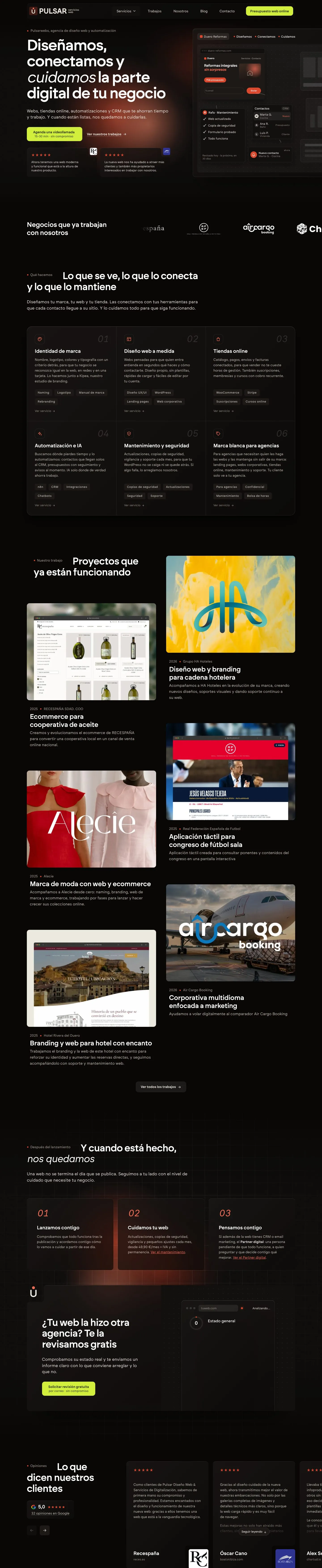 Página de inicio completa de pulsarwebs.com, de arriba abajo
