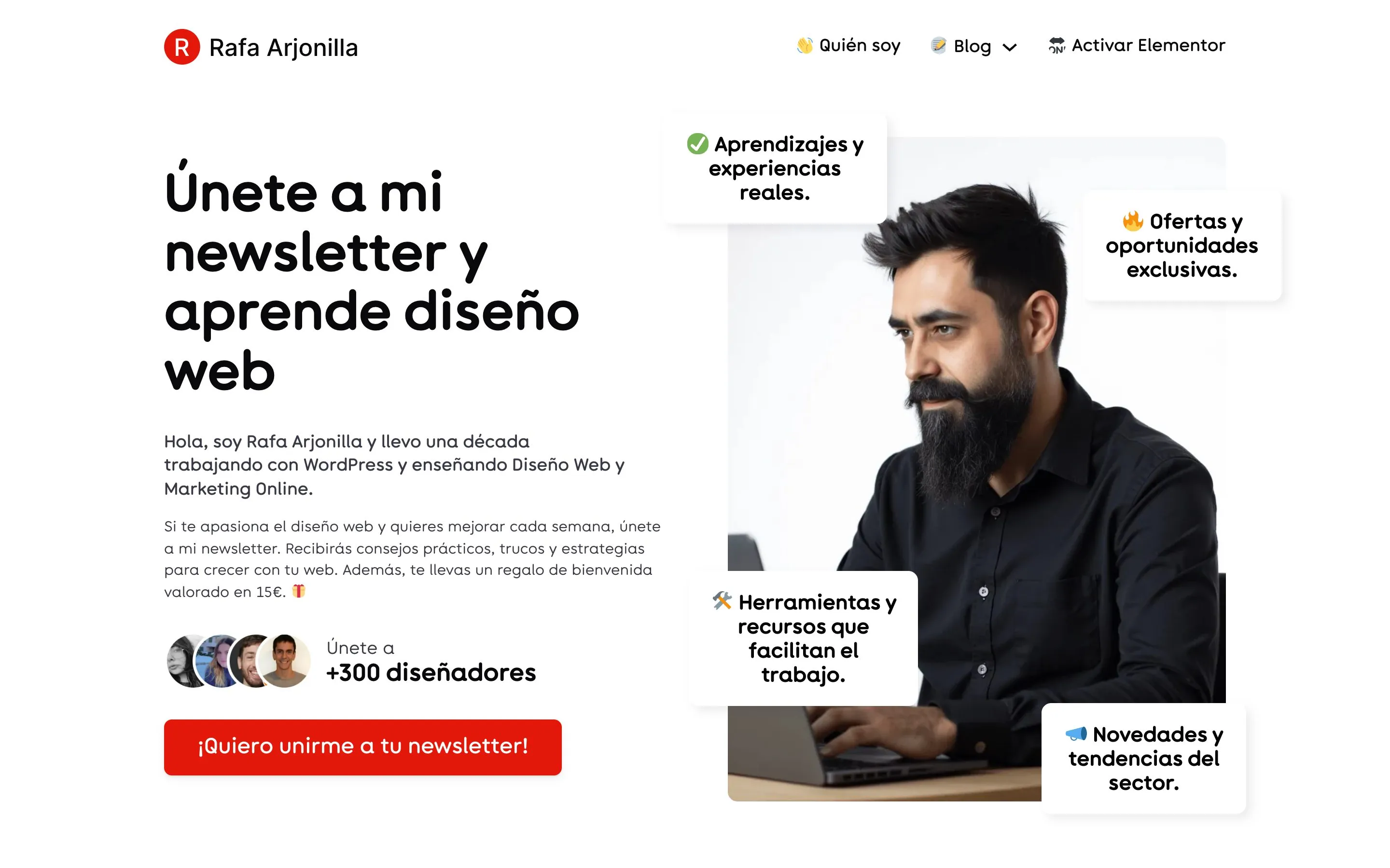 Página de inicio de rafarjonilla.com en escritorio y en móvil, con la invitación a la newsletter