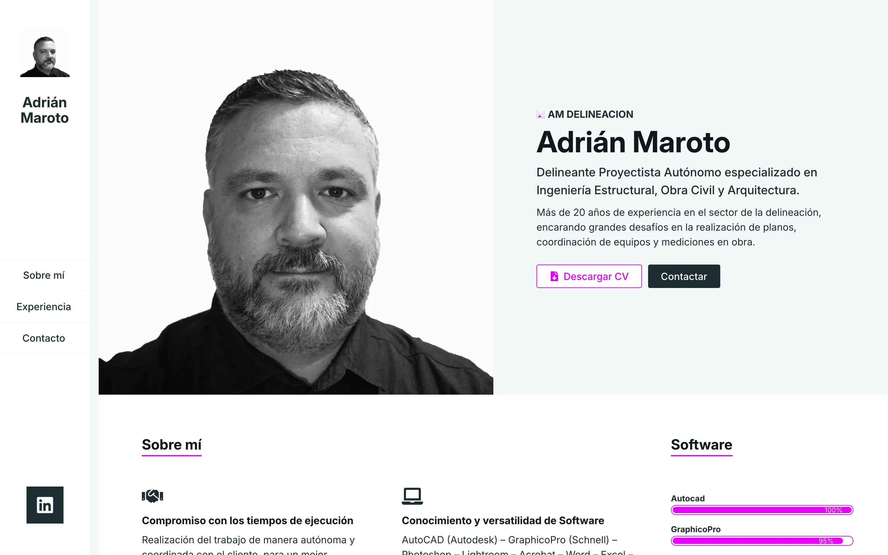 Web de Adrián Maroto en escritorio y en móvil, con su presentación y los botones para descargar el CV y contactar