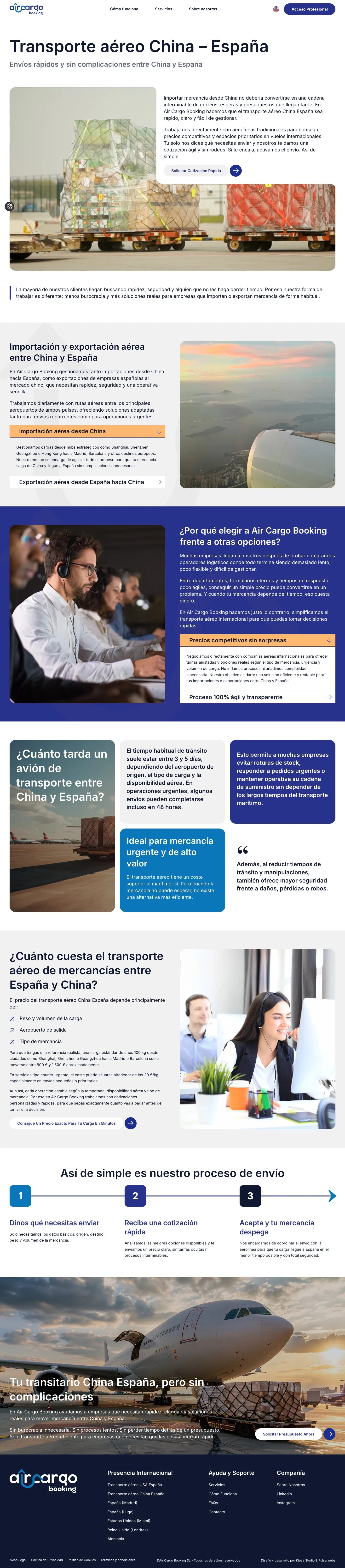 Landing de transporte aéreo de carga entre China y España, pensada para posicionar en Google