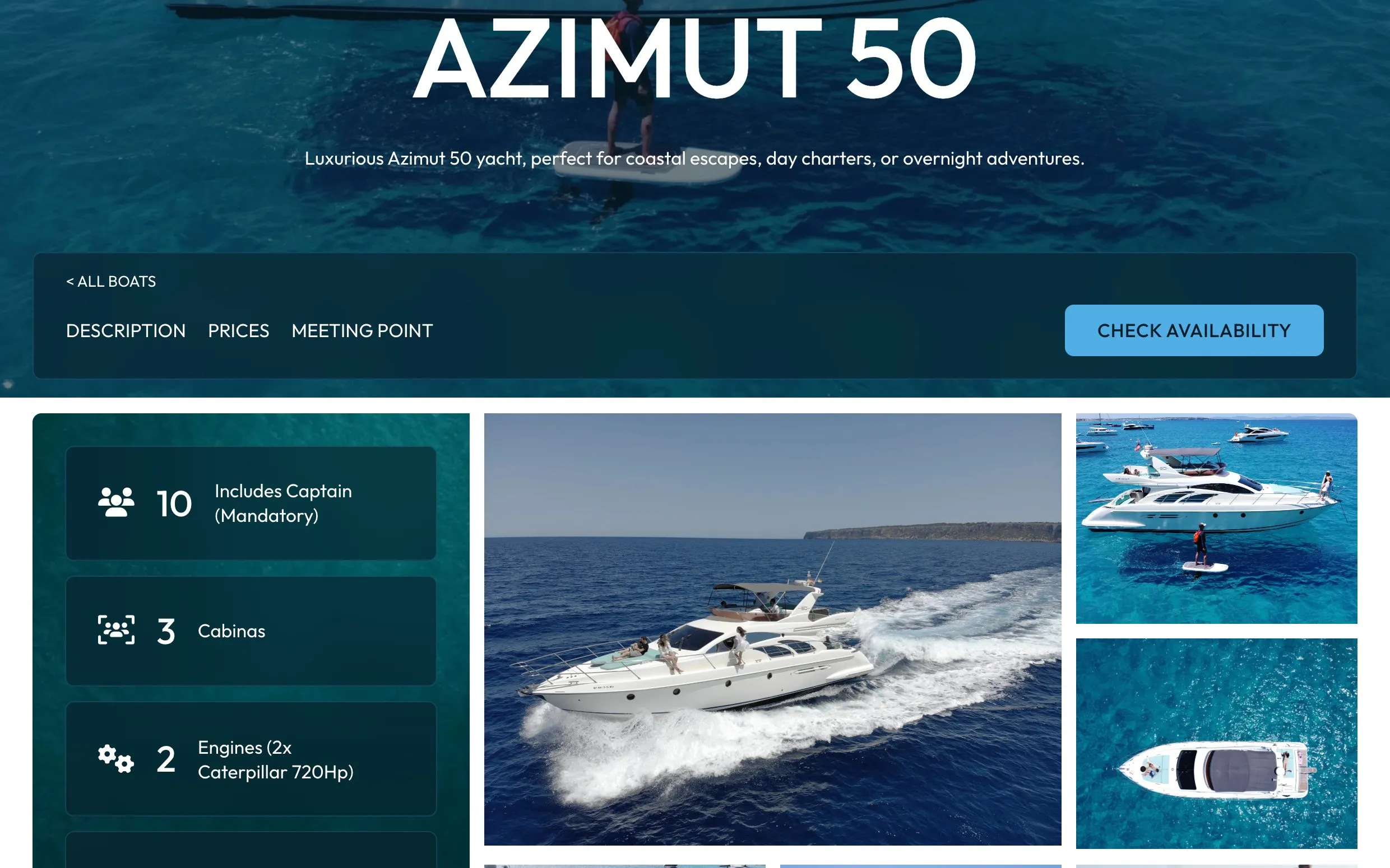 Ficha del yate Azimut 50, con sus datos principales y la galería de fotos