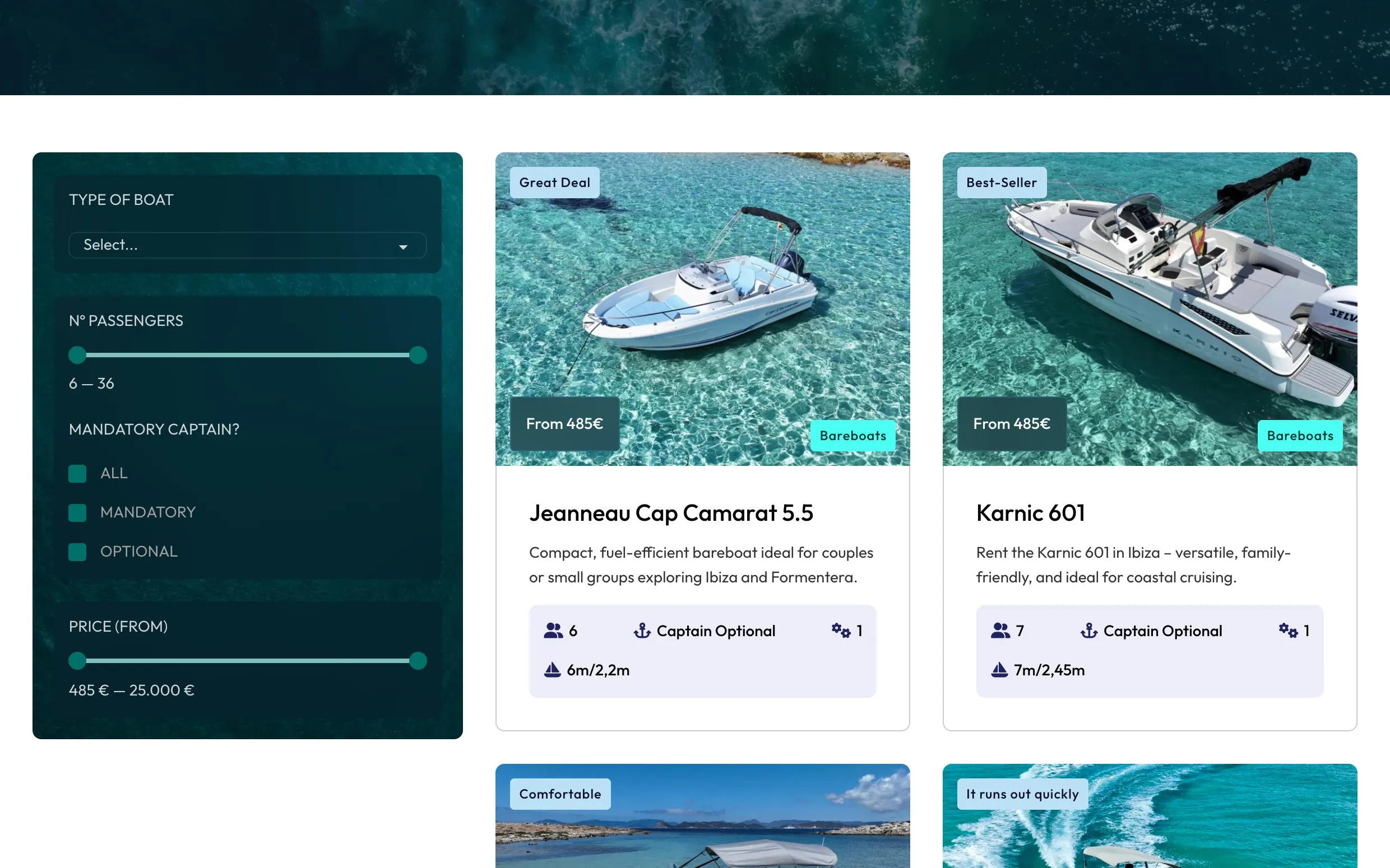 Catálogo de barcos con los filtros de tipo, pasajeros, capitán y precio