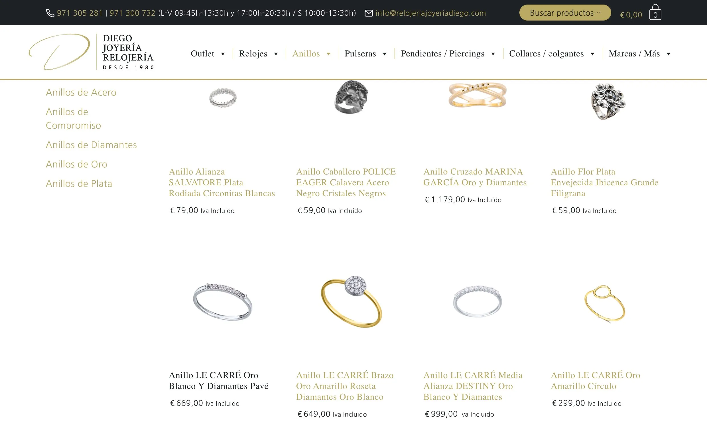 Categoría de anillos con sus subcategorías y la rejilla de productos