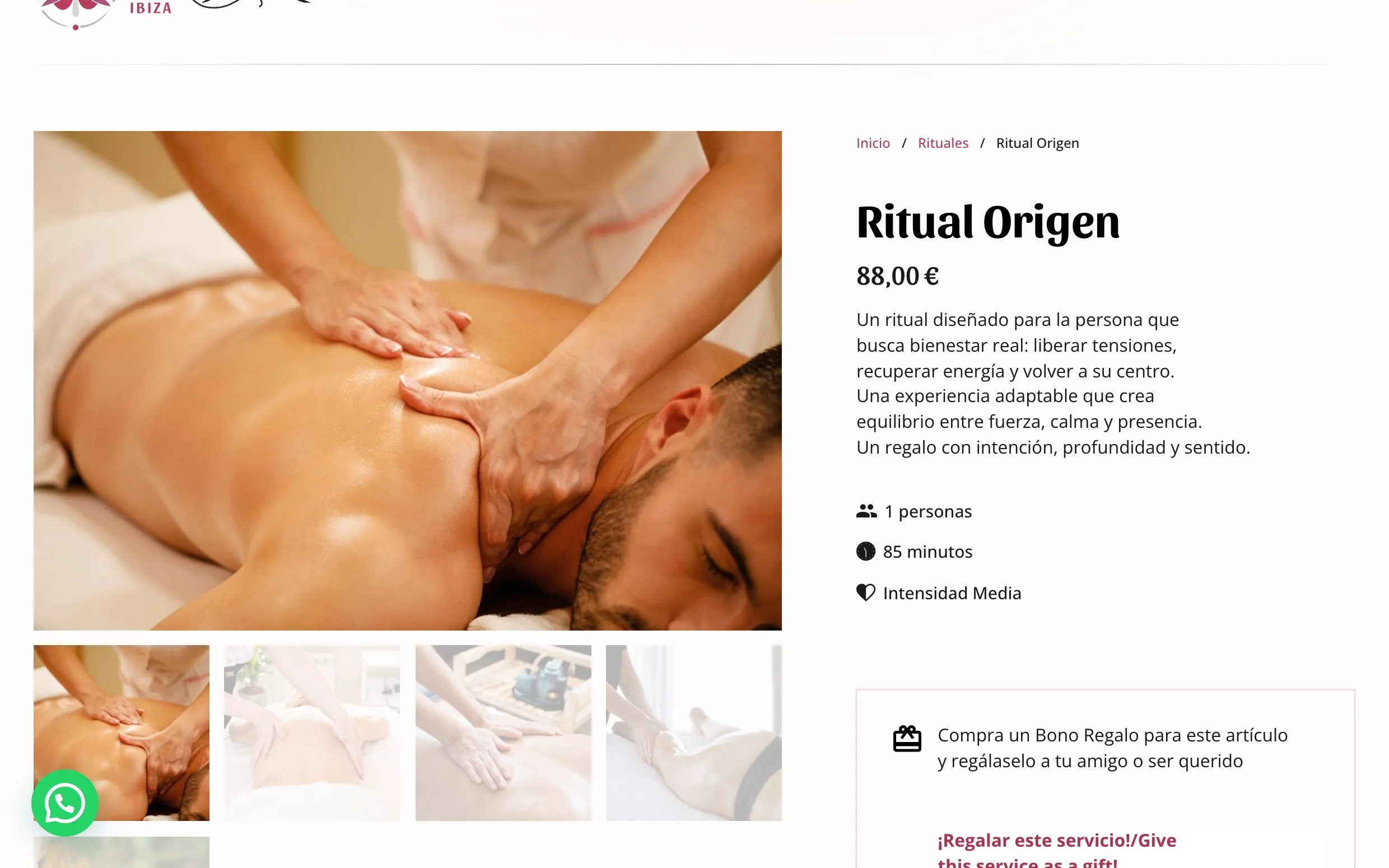 Ficha del Ritual Origen, con el precio y el recuadro para regalarlo