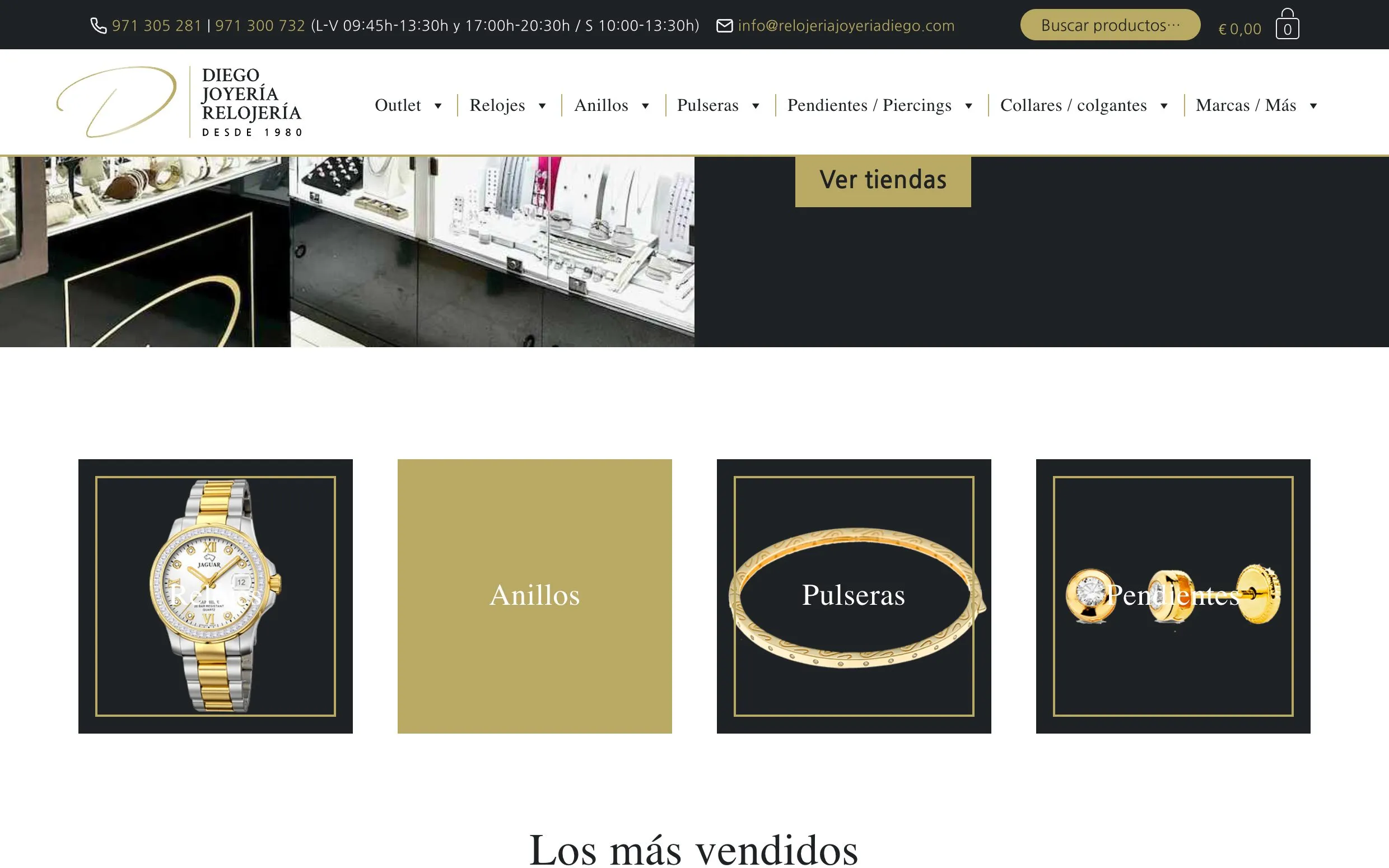 Accesos a las categorías de relojes, anillos, pulseras y pendientes en la página de inicio