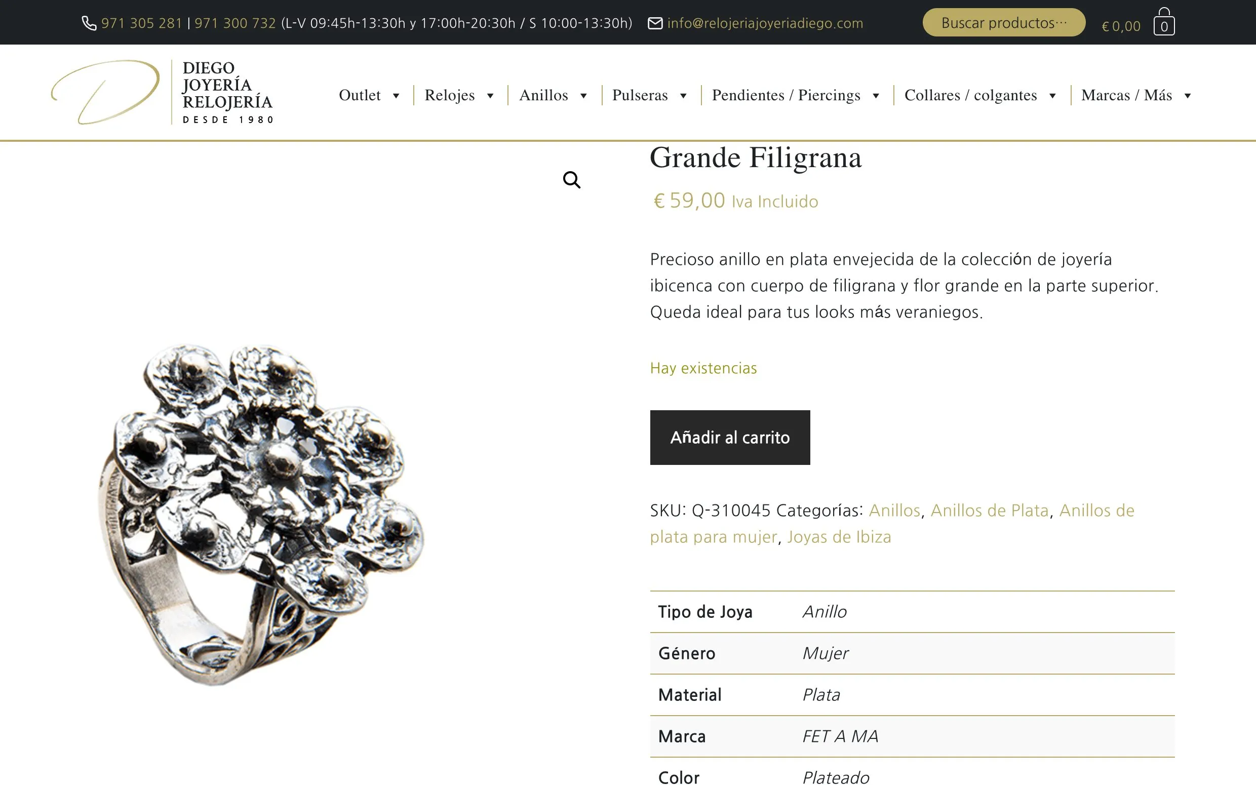 Ficha de un anillo de plata con su precio, existencias y botón de añadir al carrito