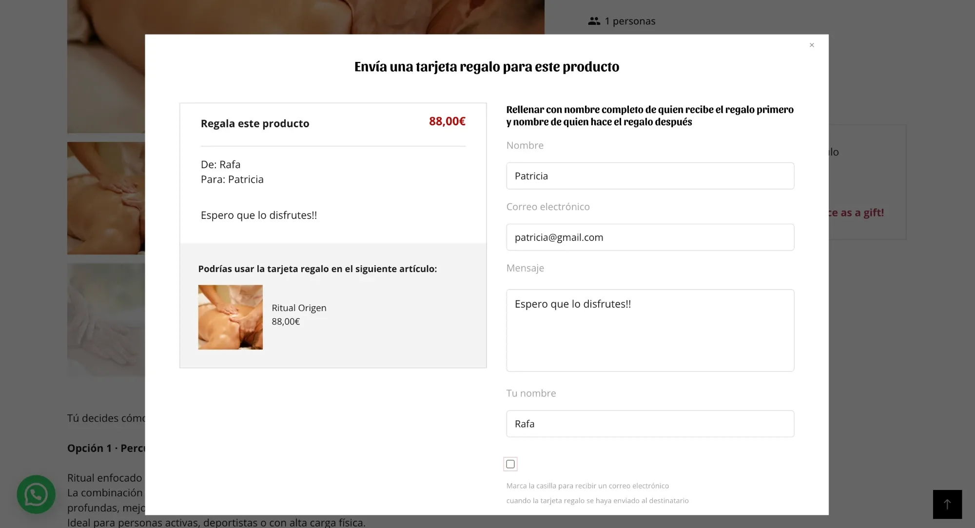 Ventana para enviar una tarjeta regalo del Ritual Origen, rellena: de Rafa para Patricia, con un mensaje