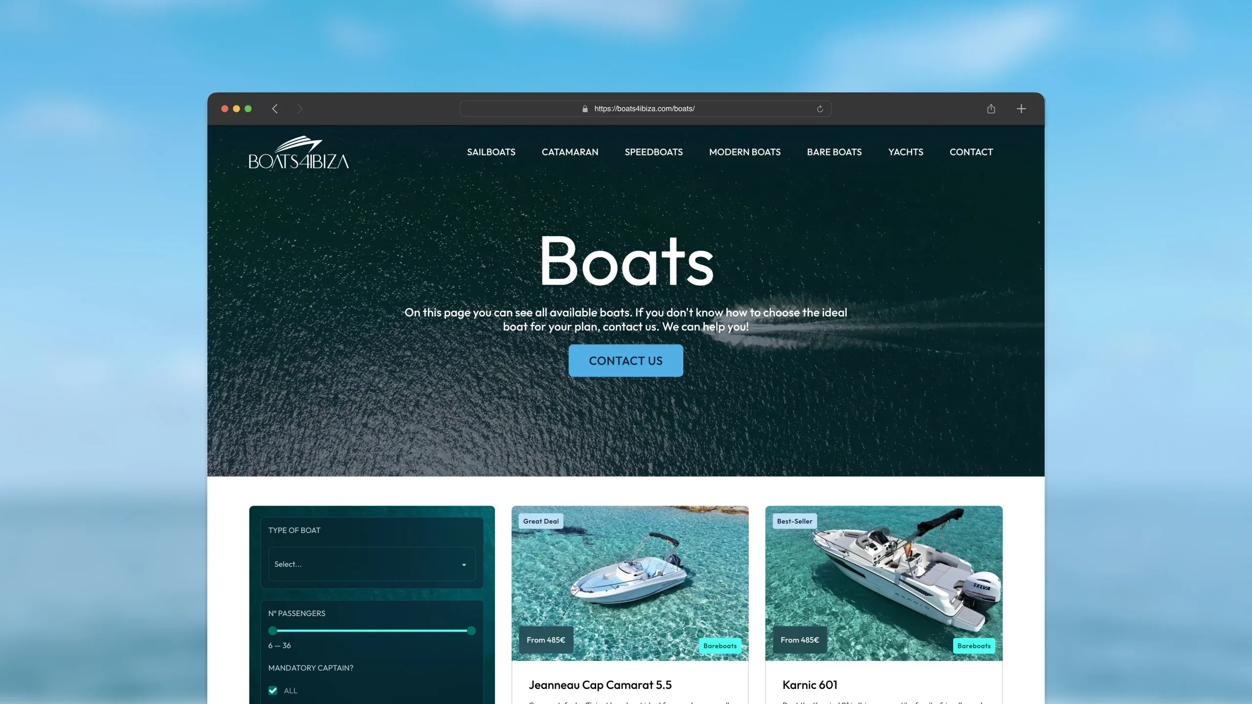 Pantallazo de la home de la web de boats4ibiza.com