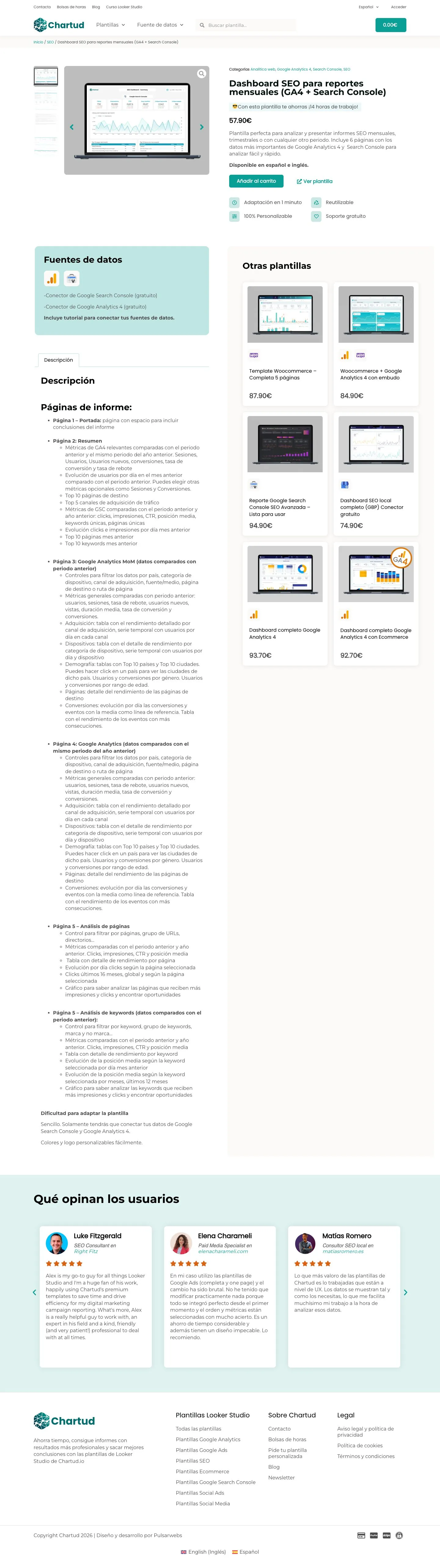 Ficha de la plantilla «Dashboard SEO para reportes mensuales», con su demo, precio y páginas del informe