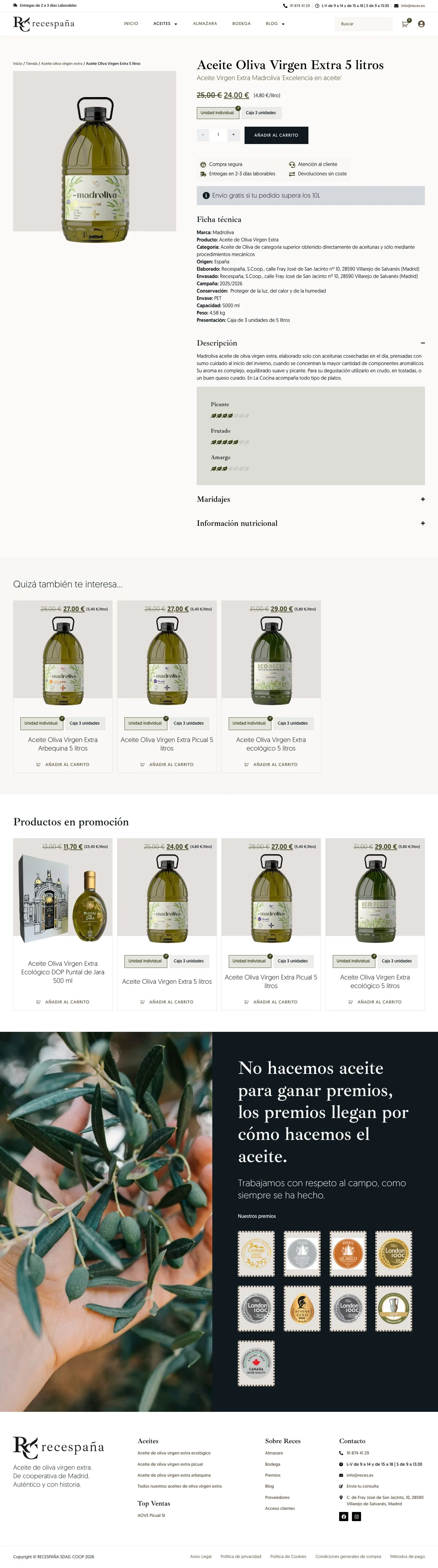 Ficha de producto del aceite de oliva virgen extra de 5 litros
