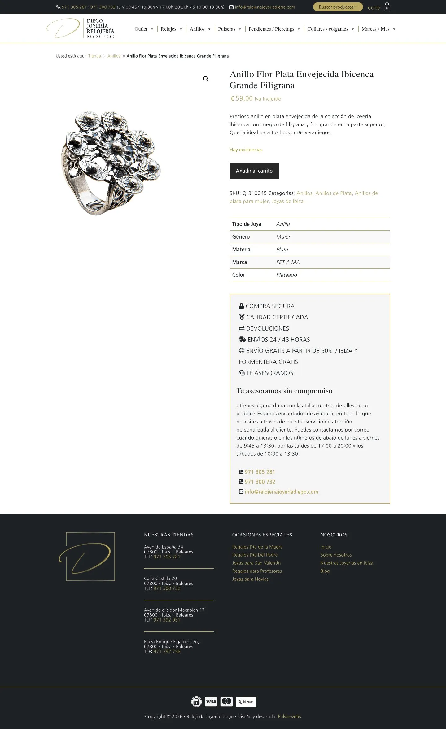 Ficha de un anillo de plata ibicenco, con su precio, existencias y características