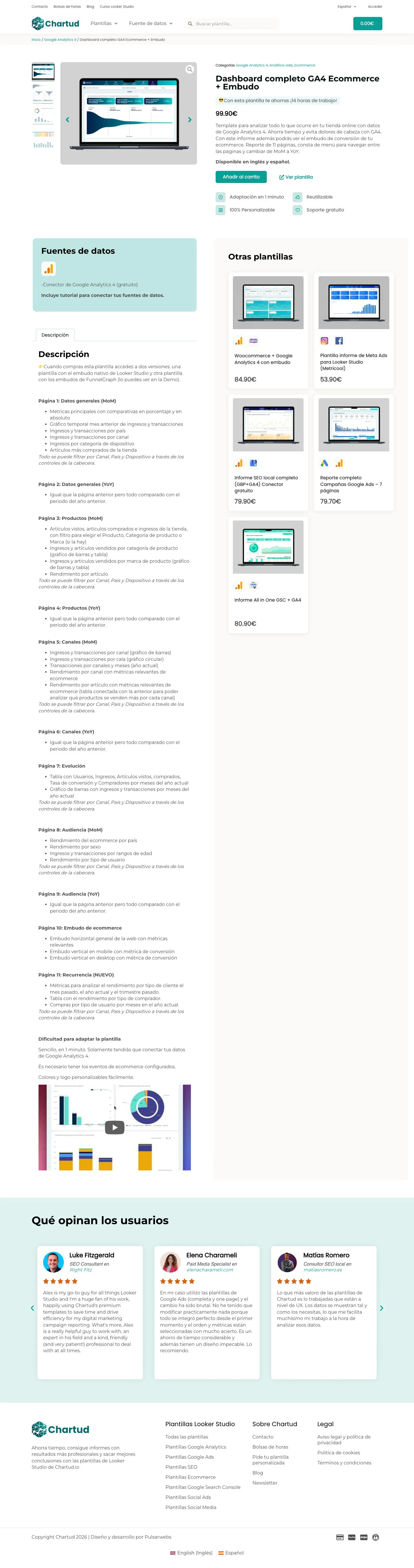 Ficha completa de la plantilla de ecommerce con embudo para Google Analytics 4, de arriba abajo