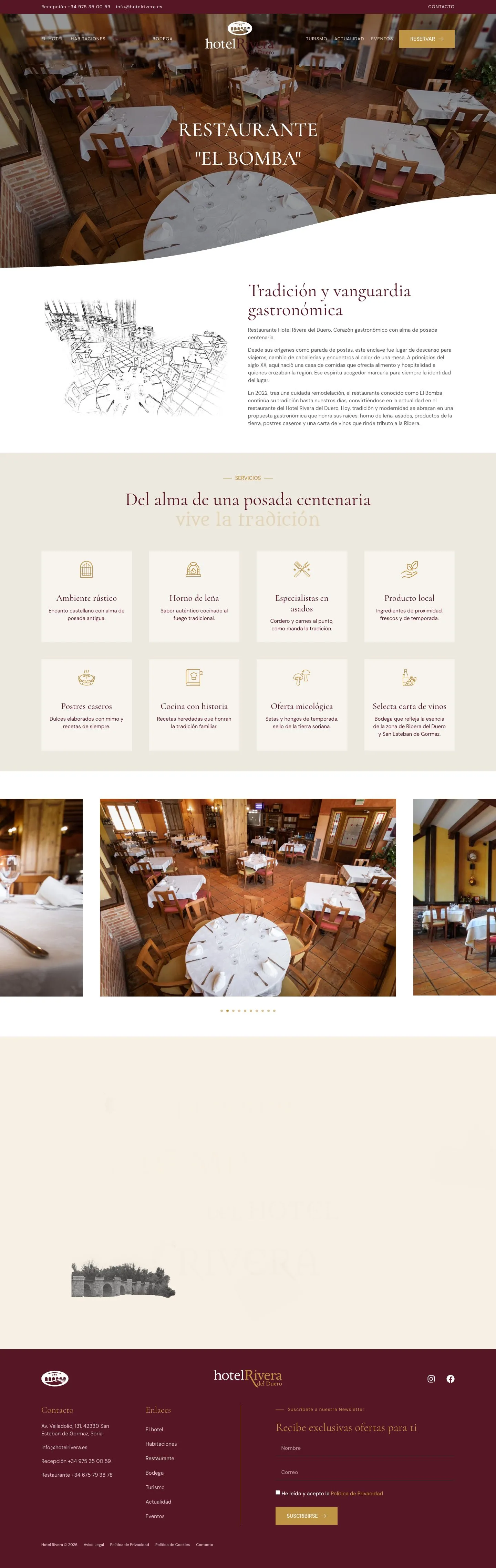 Página del restaurante en la web del Hotel Rivera del Duero: fotos de los platos y de la sala, y la historia de su cocina