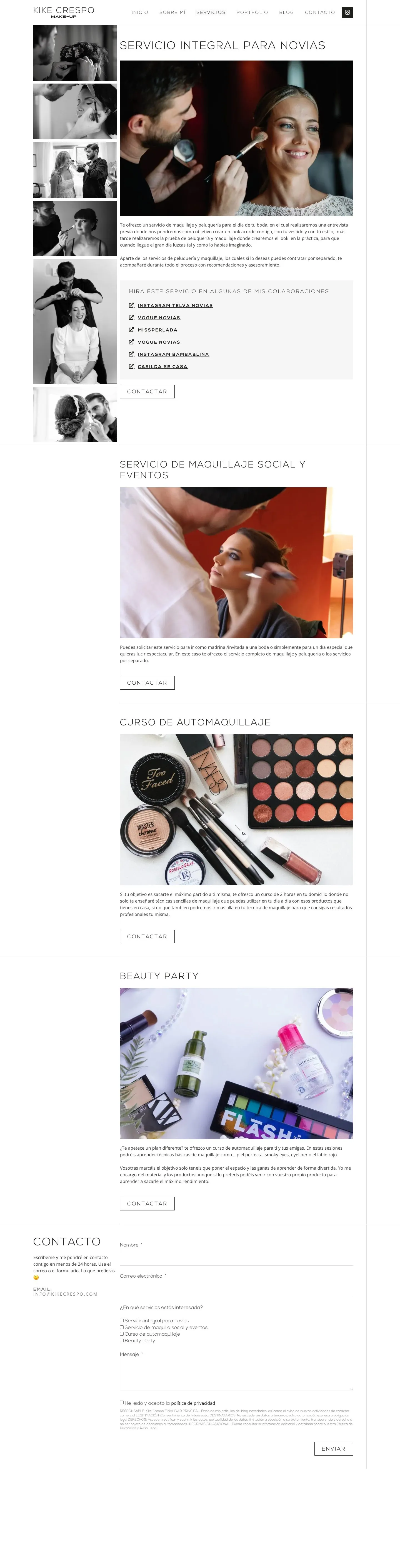Página de servicios: novias, maquillaje social y eventos, curso de automaquillaje y beauty party