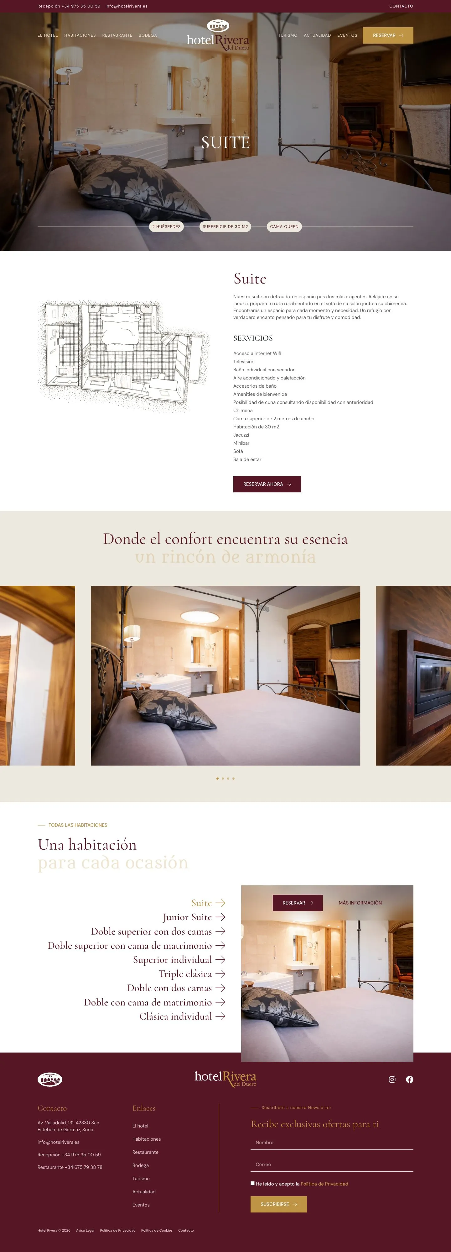 Página de una suite en la web del Hotel Rivera del Duero: fotos, descripción y servicios de la habitación