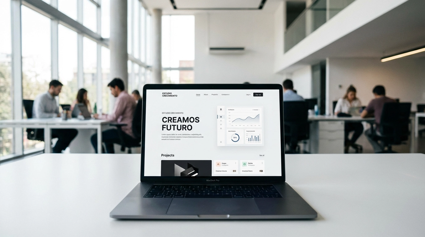 Primer plano de un ordenador que muestra una web corporativa y detrás una oficina con gente trabando en el diseño y desarrollo web de páginas webs profesionales a medida