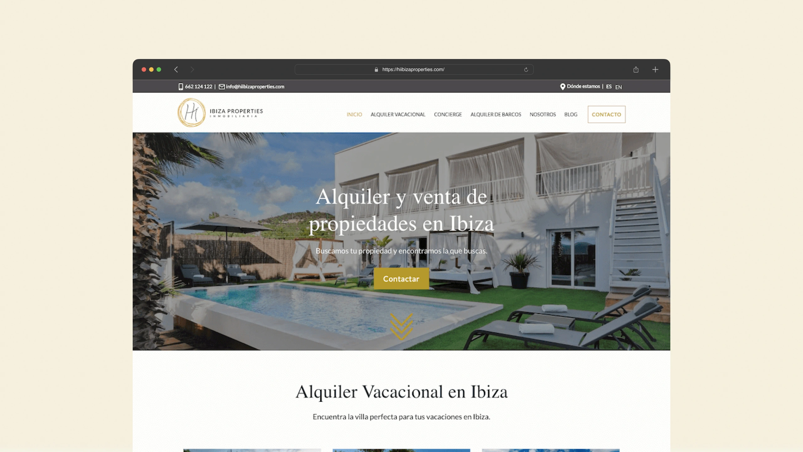 Pantallazo de la home de la web hiibizaproperties.com