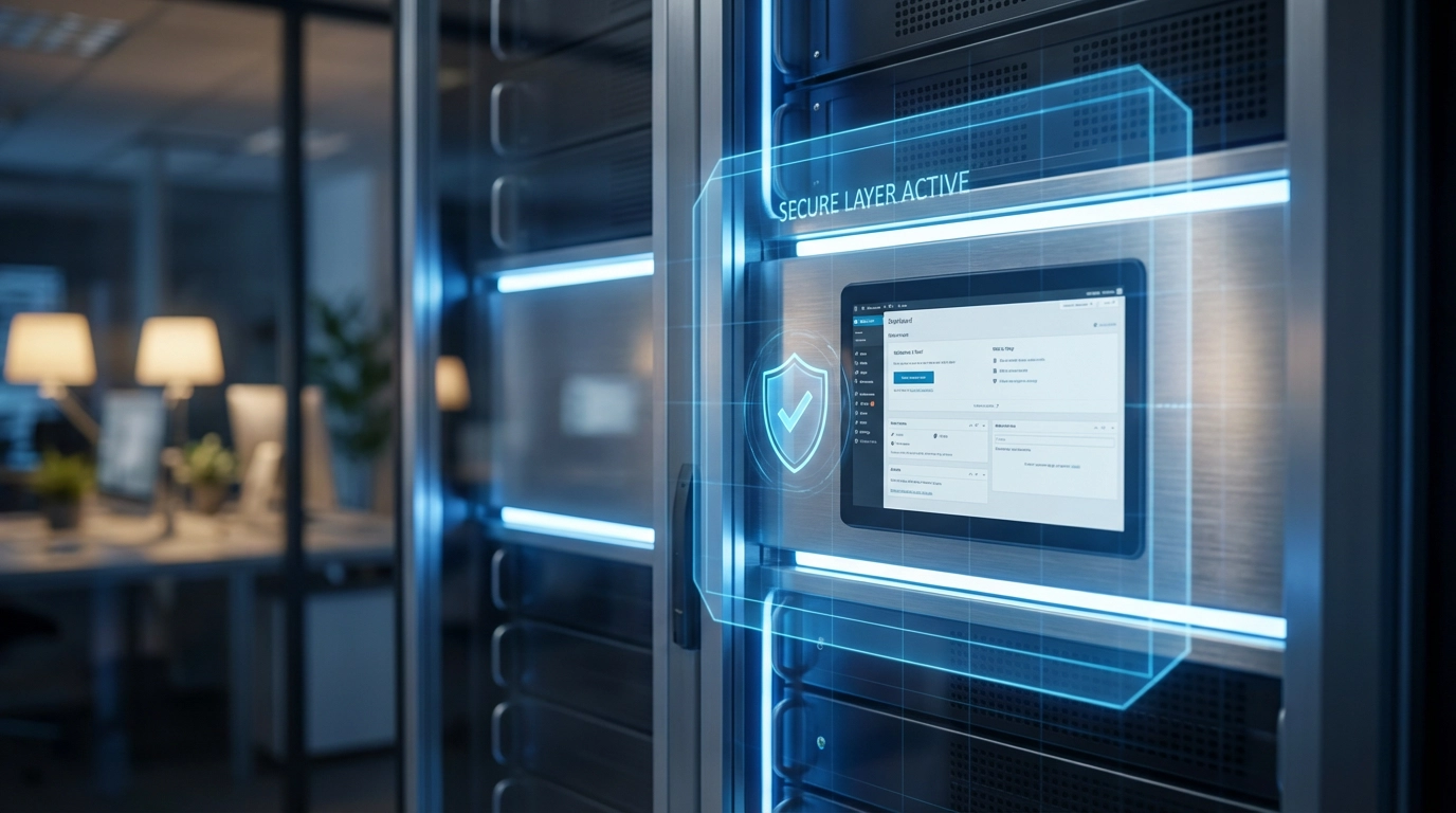 Stack de servidores con una tablet en la que se ve el escritorio de administración de un wordpress y un escudo que representa el servicio de mantenimiento web wordpress y seguridad