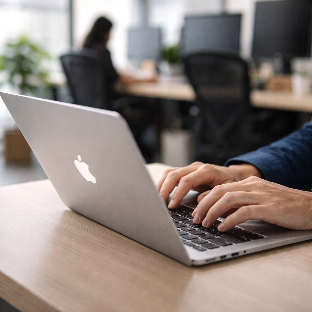 Primera plano de unas manos sobre un teclado de un portatil macbook sobre un escritorio en una agencia de diseño web en Madrid